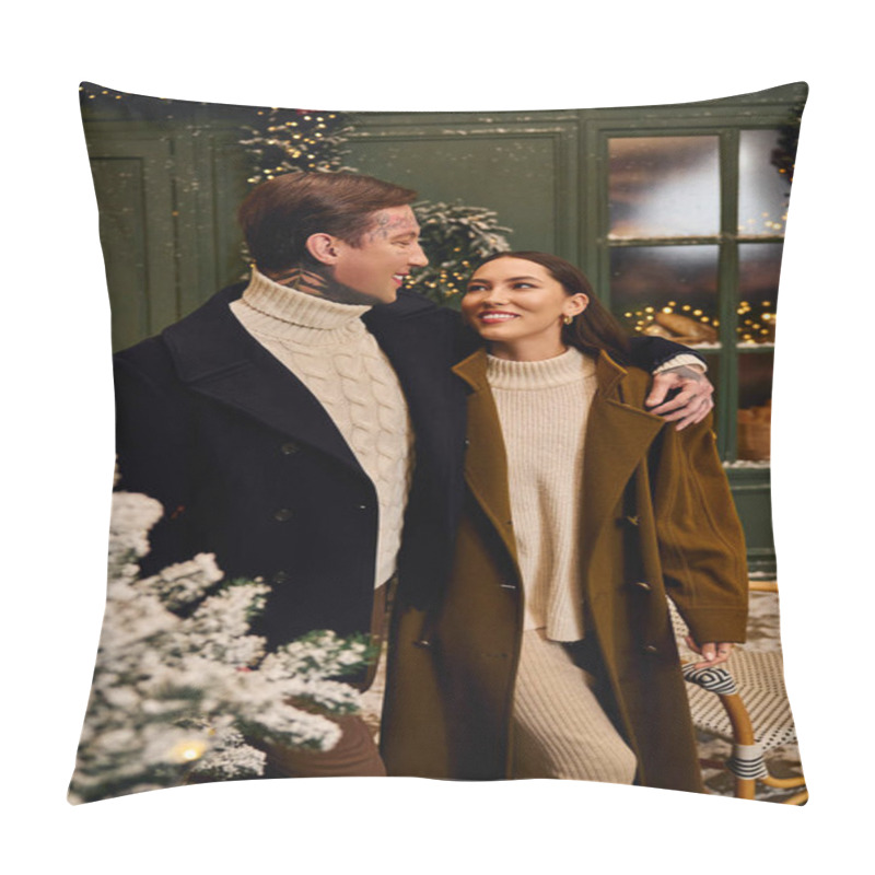 Personality  Loving Couple Revels In Each Others Presence While Surrounded By Charming Winter Decorations. Pillow Covers