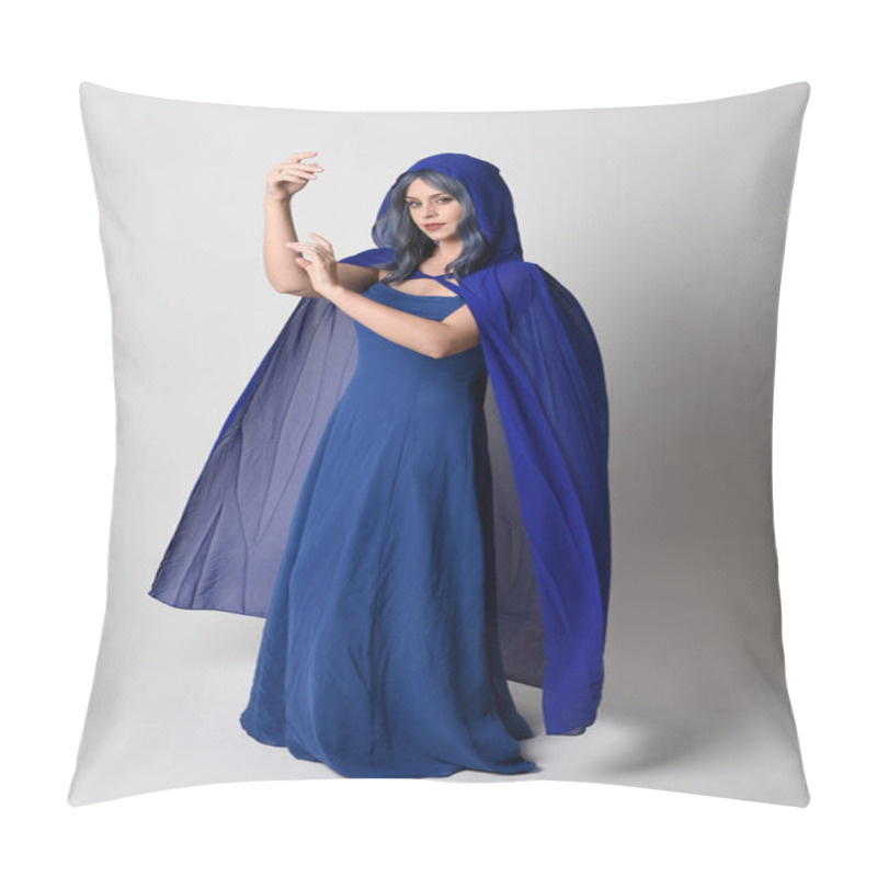 Personality  Full Length Portrait Of Beautiful Female Model Wearing Elegant Fantasy Blue Ball Gown And Flowing Cape With Hood.Standing Pose, With Gestural Arms Reaching Out . Isolated On White Studio Background. Pillow Covers