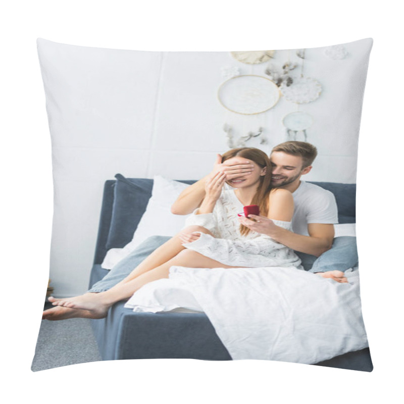 Personality  Handsome Man Doing Marriage Proposal And Obscuring Face Of Woman  Pillow Covers