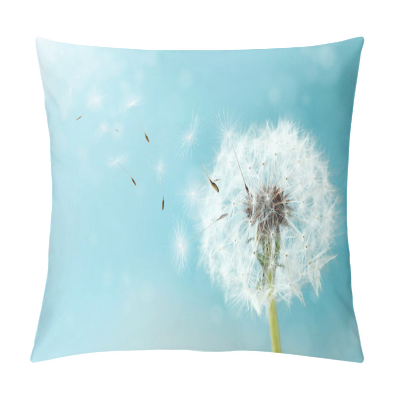 Personality  Beautiful Puffy Dandelion And Flying Seeds Against Blue Sky On Sunny Day  Pillow Covers