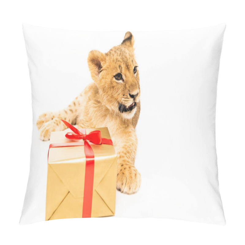 Personality  Cute Lion Cub Near Golden Gift With Red Ribbons Isolated On White Pillow Covers