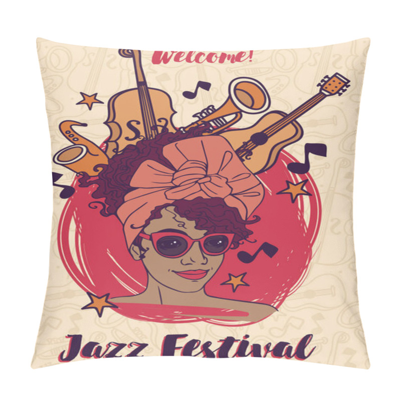 Personality  Fashion Modern Woman And Musical Instruments, Jazz Festival Poster Pillow Covers