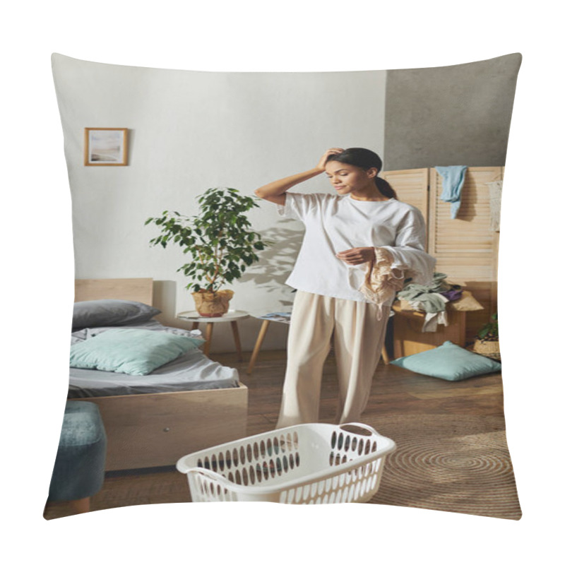 Personality  In A Cozy Apartment, A Young African American Woman Organizes Her Space With Care And Focus. Pillow Covers