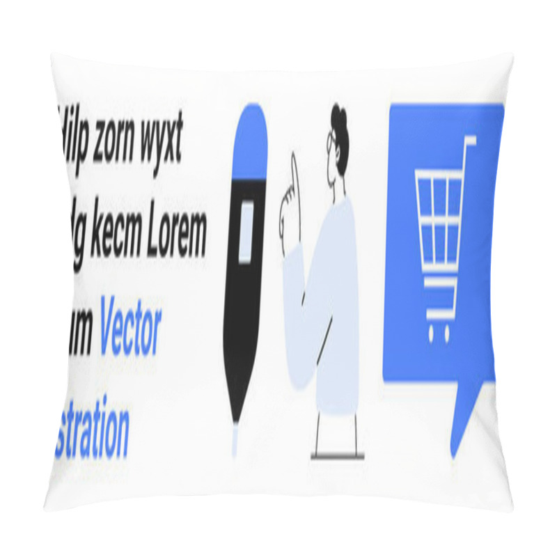 Personality  Man Pointing At Parking Meter, Shopping Cart Icon In Blue Speech Bubble, Text On The Left. Ideal For UI Design, Apps, Ecommerce, Parking Systems, Customer Interaction, Online Shopping, Tech Pillow Covers