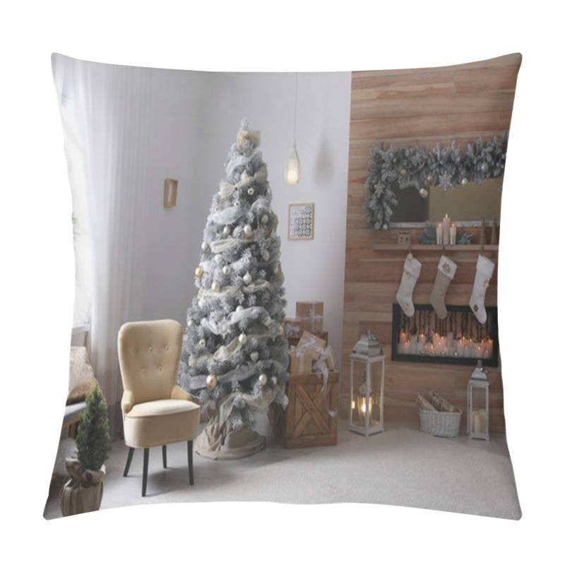 Personality  Festive Interior With Beautiful Christmas Tree And Gifts Pillow Covers