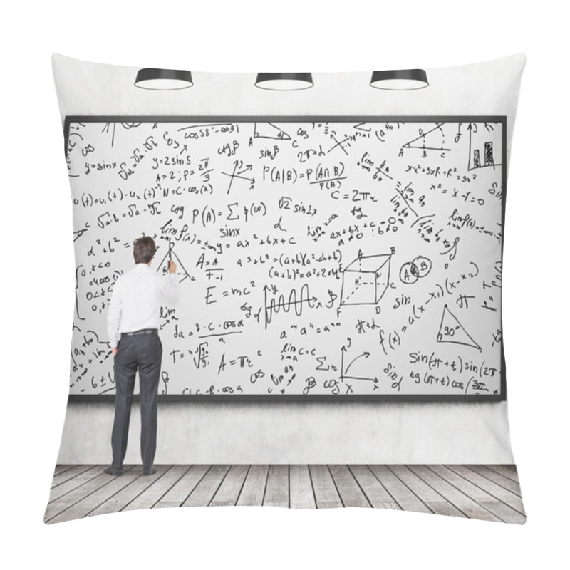 Personality  Rear View Of Young Professional Who Is Writing Down Math Formulas On The Whiteboard. A Concept Of Analytical Calculations. Wooden Floor, Concrete Wall And Three Black Ceiling Lights Are In The Room. Pillow Covers