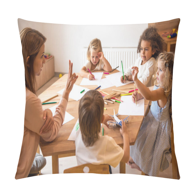 Personality  Educator Teaching Adorable Multicultural Children Counting And Showing Number With Fingers In Kindergarten Pillow Covers