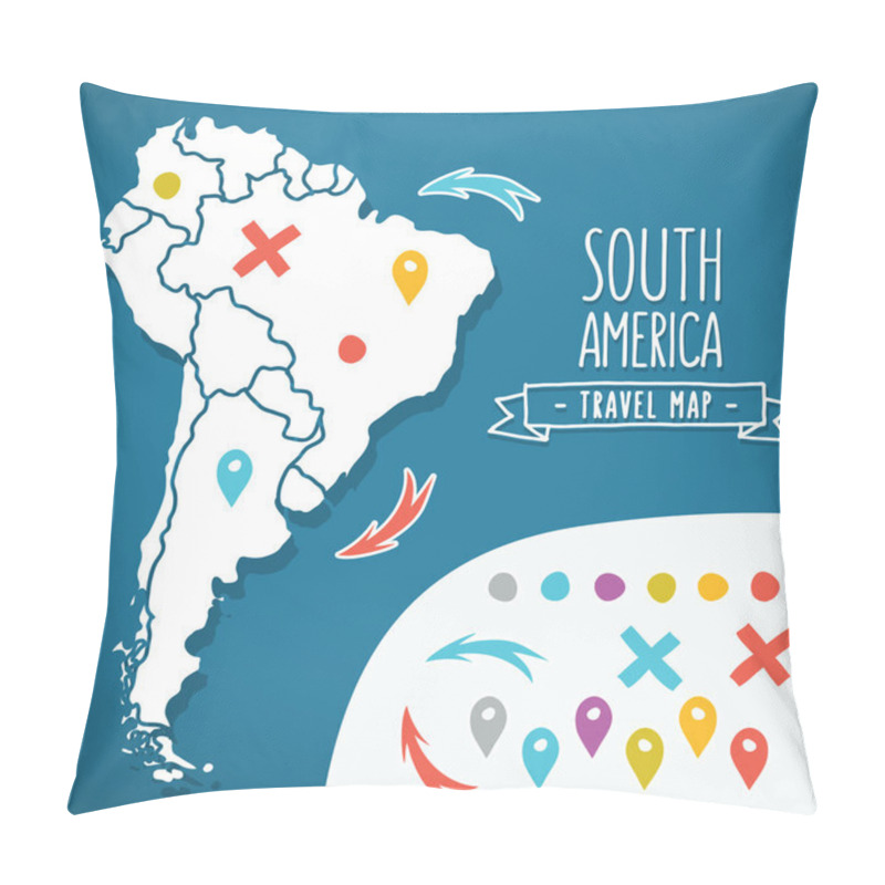 Personality  Hand Drawn South America Travel Map With Pins Vector Illustration Pillow Covers