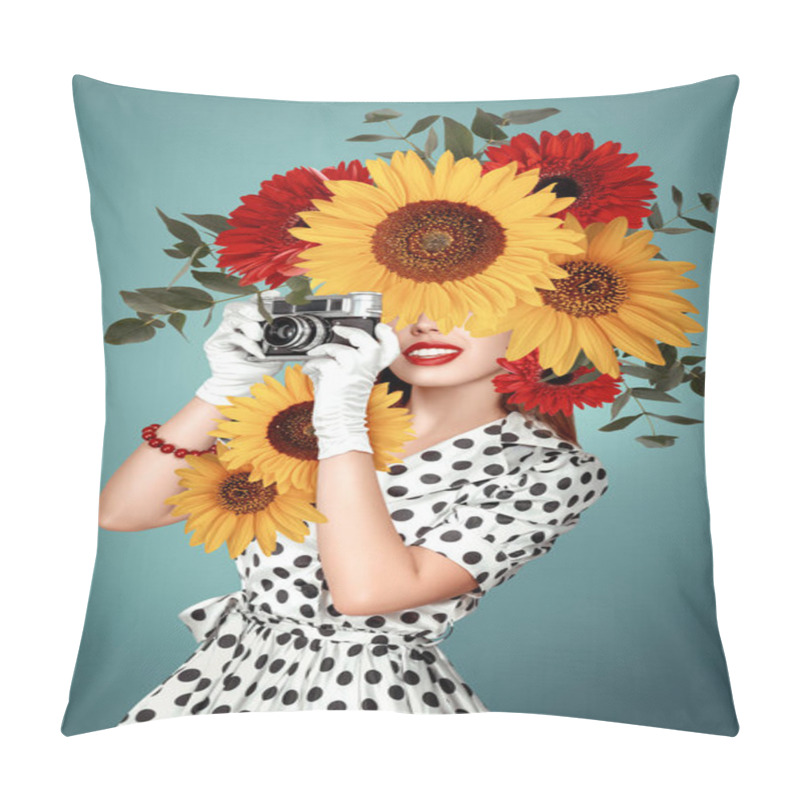 Personality  A Captivating Digital Composite Showcasing A Young Woman Styled In A 50's Fashion, Capturing Memories With A Vintage Film Camera. Her Face Is Partially Covered By Surreal, Oversized Flowers, Surrounded By An Arrangement Of Blossoms. Pillow Covers