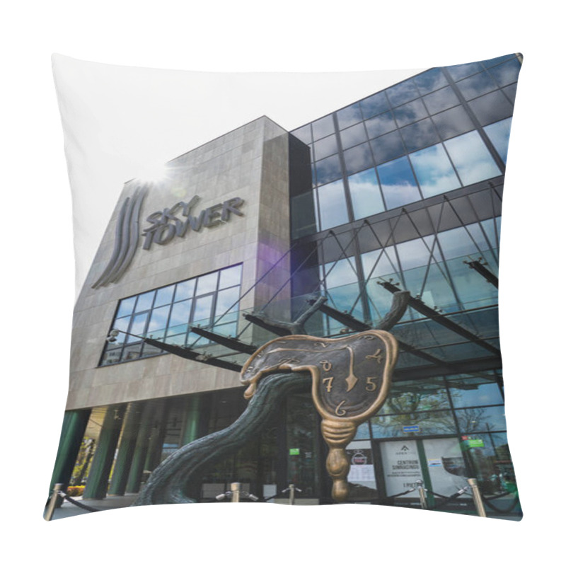 Personality  WROCLAW, POLAND - APRIL 18, 2022: Low Angle View Of Statue Near Sky Tower On Urban Street  Pillow Covers