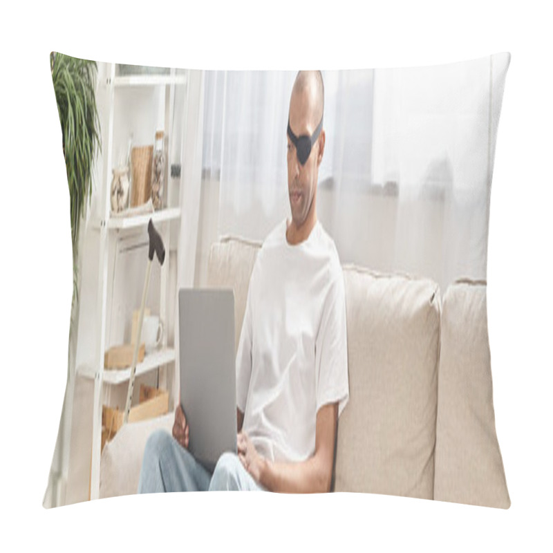 Personality  An African American Man With Myasthenia Gravis Syndrome Is Sitting On A Couch, Using A Laptop, With His Labrador Dog Nearby. Pillow Covers