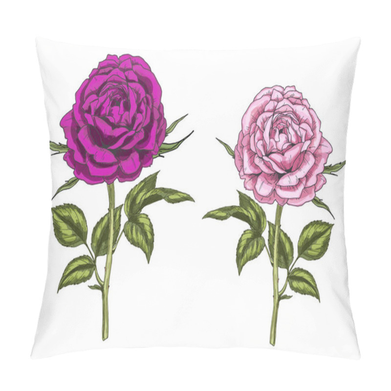 Personality  Two Hand Drawn Pink And Purple Rose Flowers Isolated On White Background. Botanical Vector Illustration Pillow Covers