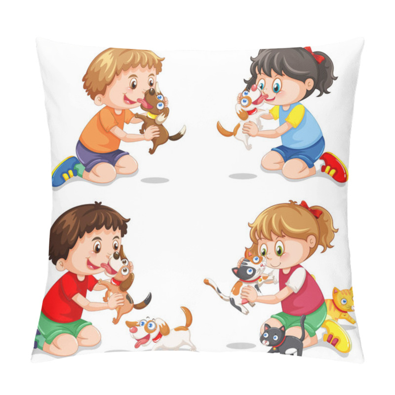 Personality  Set Of Children Playing With Their Dogs Illustration Pillow Covers