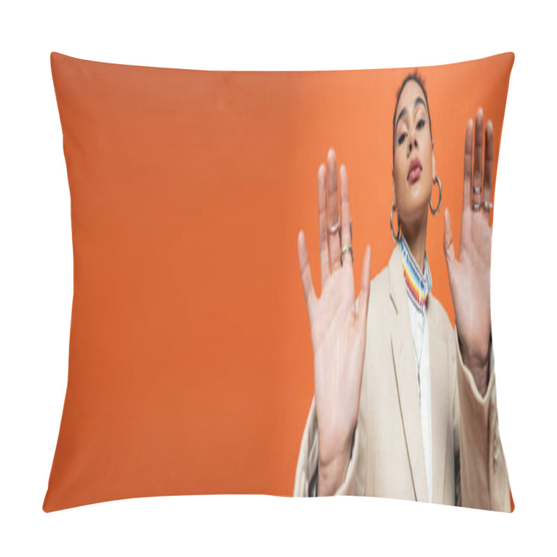 Personality  Stylish Fashion Model In Bright Attire With Accessories Keeping Hands Close To Camera, Banner Pillow Covers