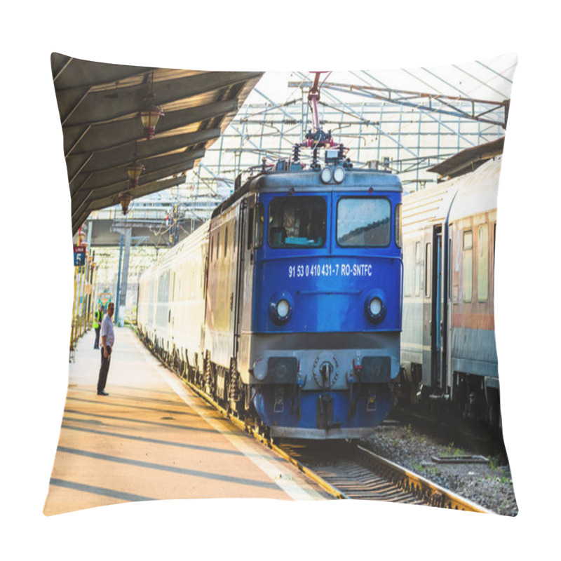 Personality  Detail Of Train In Motion At Train Platform At Bucharest North Railway Station (Gara De Nord Bucharest) In Bucharest, Romania, 2020 Pillow Covers