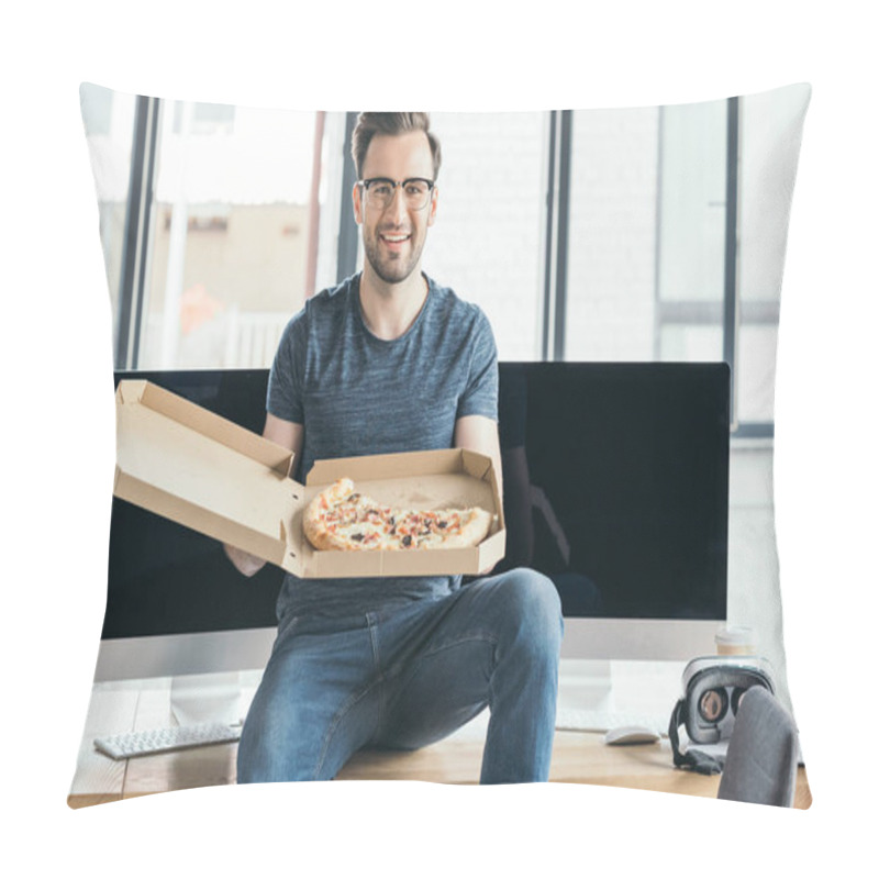 Personality  Handsome Young Programmer In Eyeglasses Holding Pizza And Smiling At Camera Pillow Covers