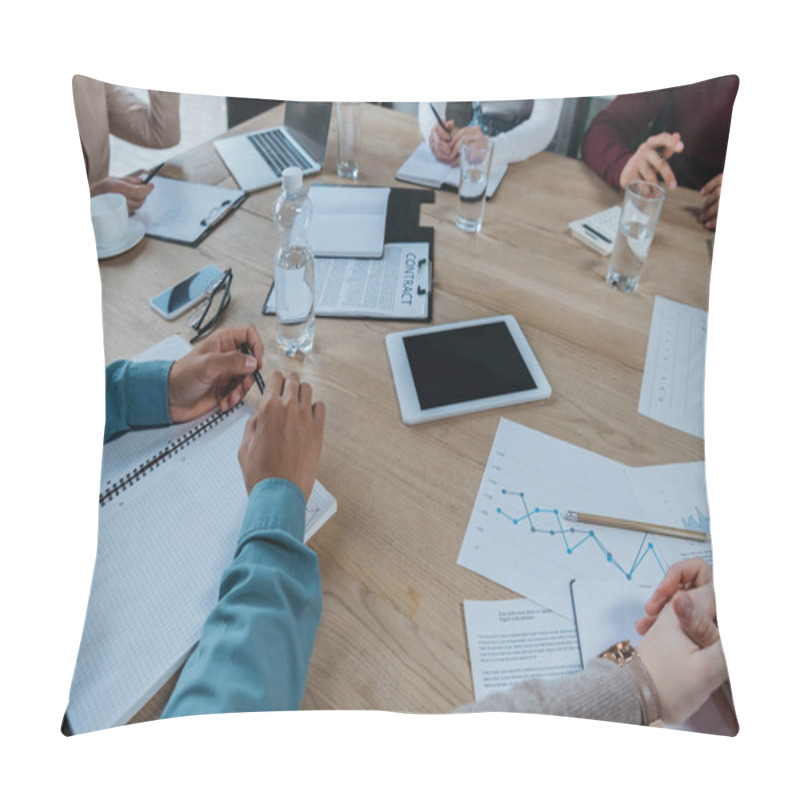 Personality  Cropped View Of Businesspeople Sitting At Desk Near Digital Devices, Notebooks And Documents In Meeting Room Pillow Covers