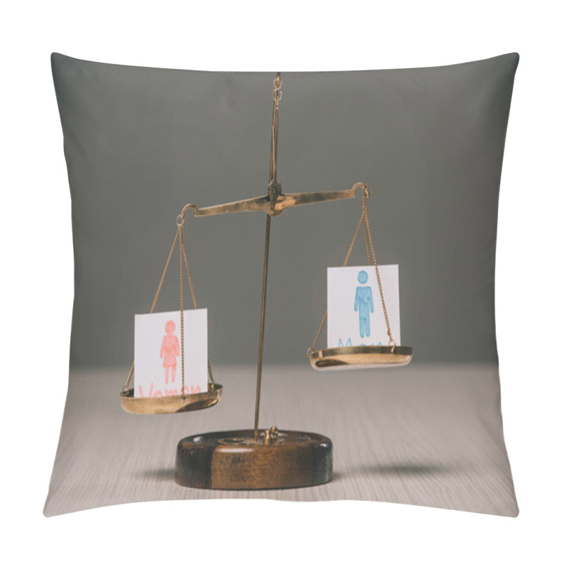 Personality  Male And Female Signs On Scales On Wooden Table, Gender Equality Concept Pillow Covers