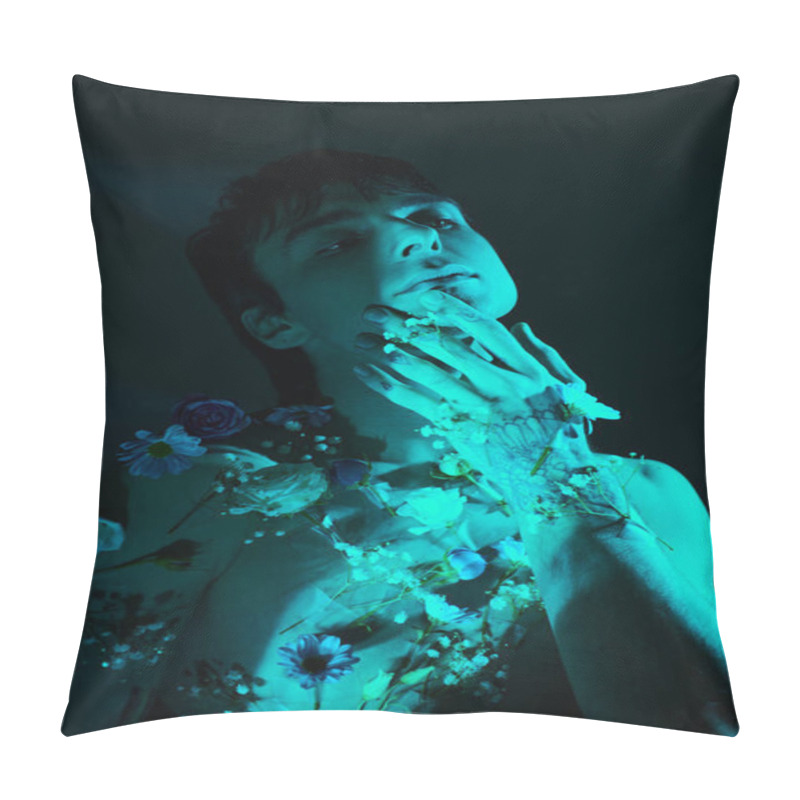 Personality  A Young Man With His Hands In His Mouth, Surrounded By Flowers, With Blue Light Pillow Covers