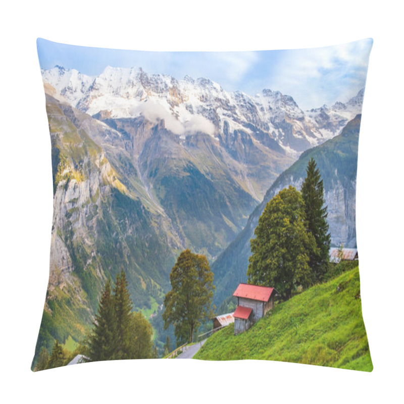 Personality  Stunning Mountain Landscape Of Lauterbrunnen Valley, Switzerland. Hiking Trail From Murren To Gimmelwald Village. Snow Covered Jungfrau Mountain Range, Green Grass And Wooden Houses In Swiss Alps. Pillow Covers