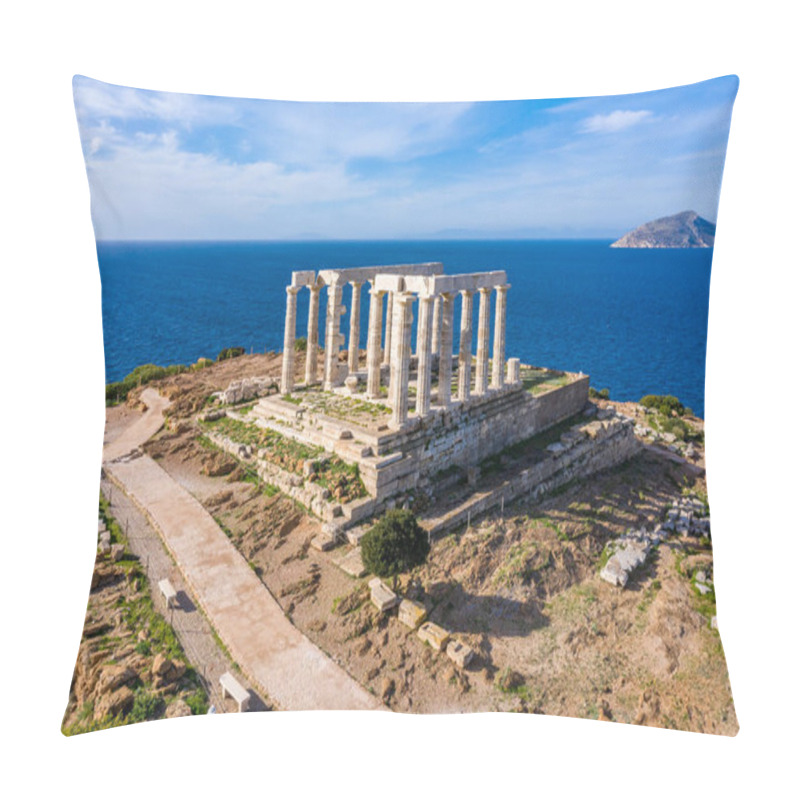 Personality  Cape Sounio, Greece. Poseidon Temple Aerial Drone View. Archaeological Site Of Ancient Greek Ruins Up On A Hill, Athens Attica. Cloudy Blue Sky Backgrpund, Sunny Day Pillow Covers