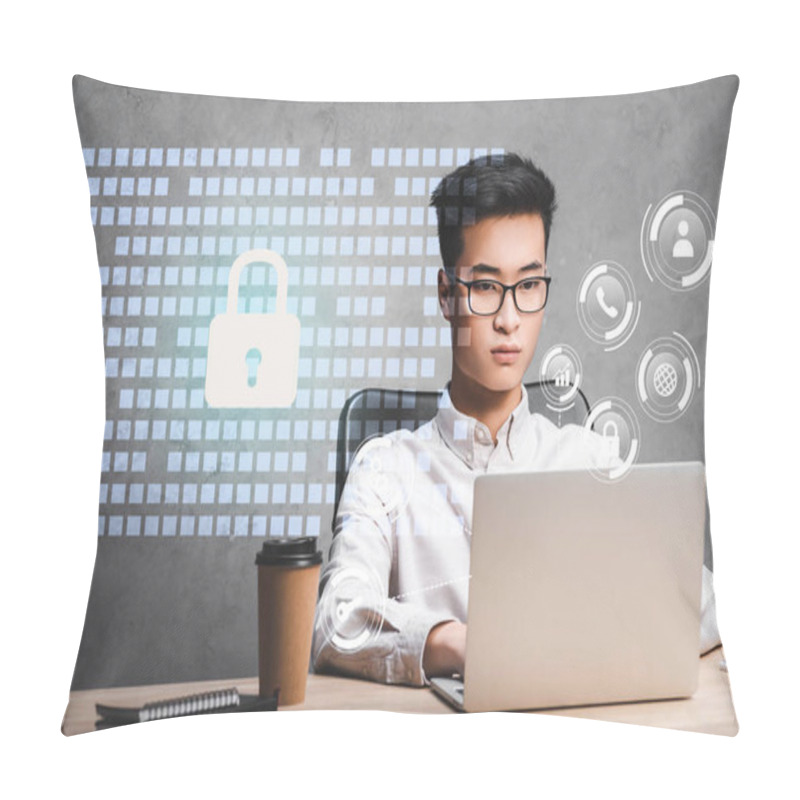 Personality  Asian Businessman Using Laptop And Sitting Near Padlock Illustration  Pillow Covers