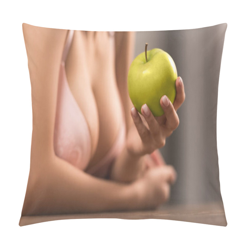 Personality  Close-up Partial View Of Young Woman In Bra Holding Green Apple Pillow Covers