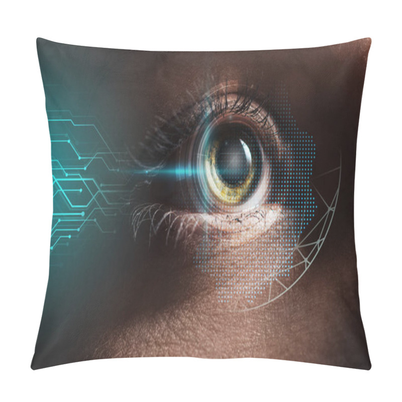 Personality  Close Up View Of Human Eye With Data Illustration, Robotic Concept Pillow Covers