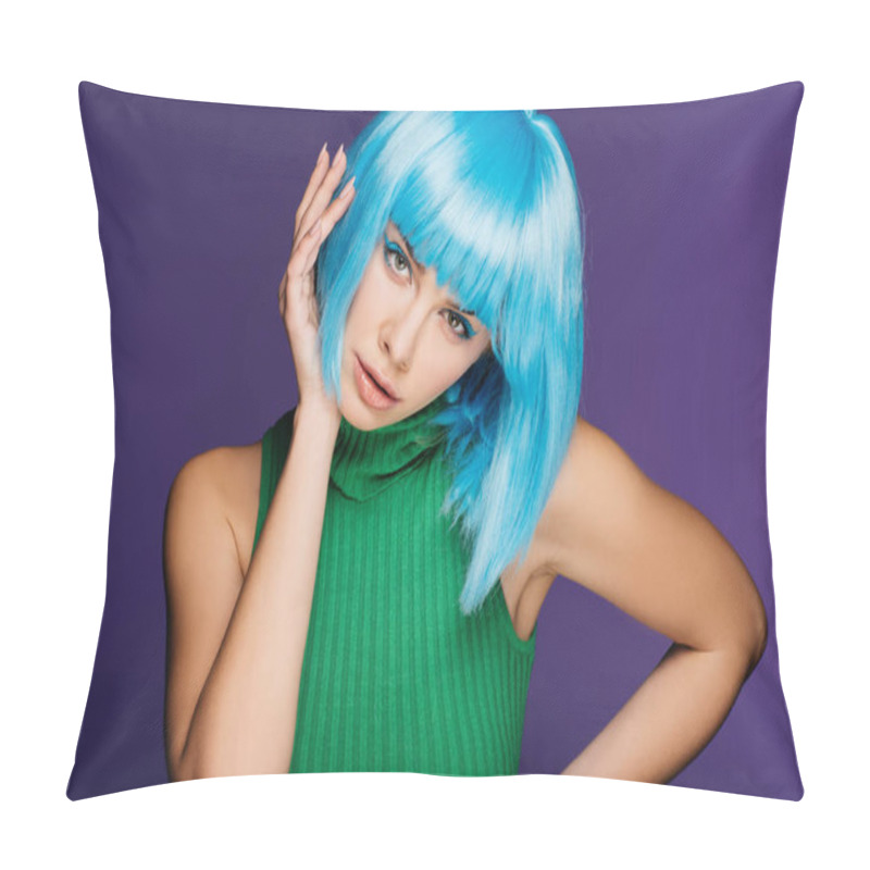 Personality  Beautiful Young Woman Gesturing And Posing In Blue Wig, Isolated On Purple Pillow Covers