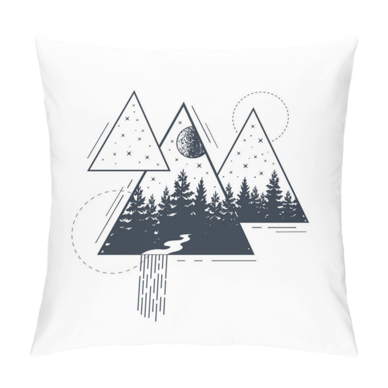 Personality  Hand Drawn Pine Forest Textured Vector Illustration. Double Exposure With Night Sky, River, And Triangles Around. Geometric Style. Pillow Covers