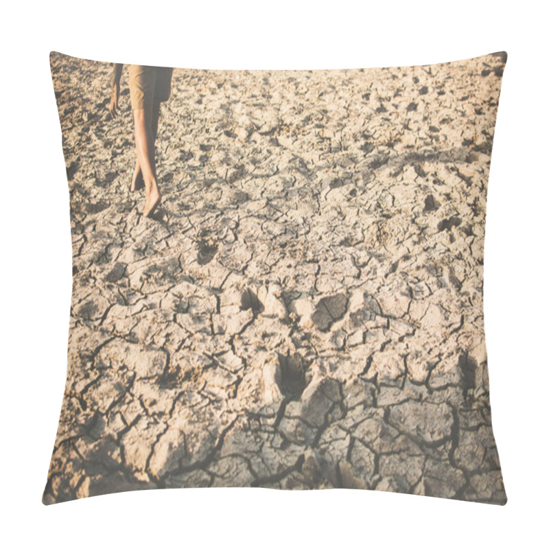 Personality  Feet Of Boy Walking On Cracked Dry Ground .concept Hope And Drought Pillow Covers