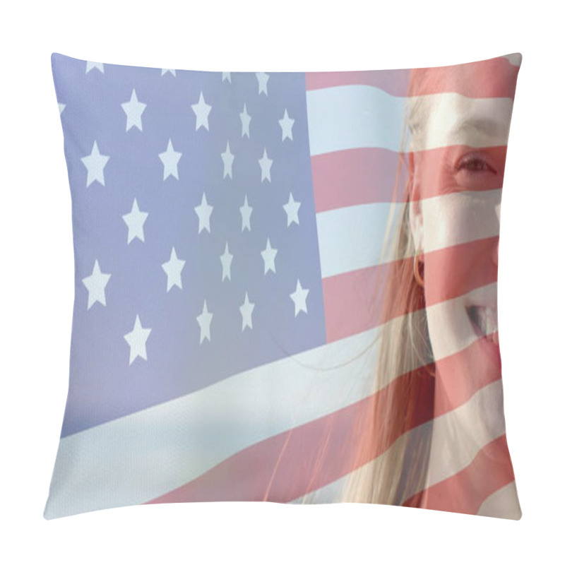 Personality  Image Of Flag Of Usa Over Caucasian Woman. Patriotism And Celebration Concept Digitally Generated Image. Pillow Covers