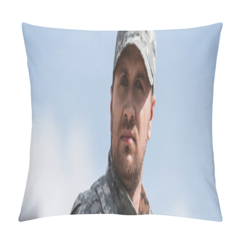 Personality  Serious Man In Military Uniform Looking At Camera On Blurred Background, Banner Pillow Covers