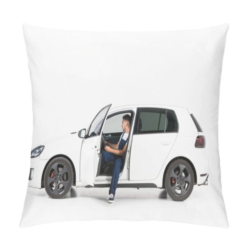 Personality  Side View Of Handsome Auto Mechanic Sitting In Car On White Pillow Covers