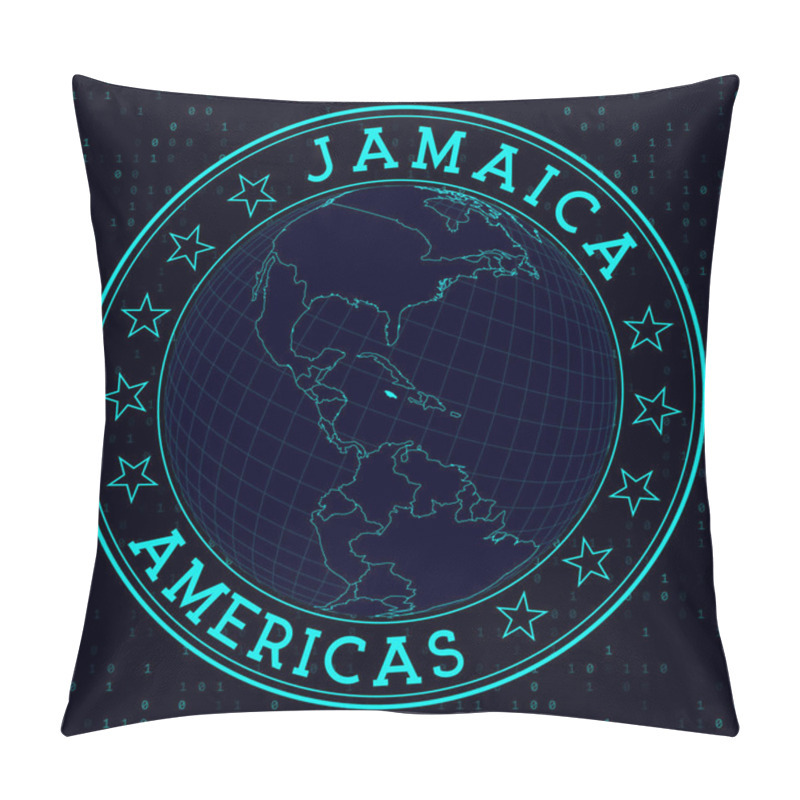 Personality  Jamaica Round Sign. Futuristic Satelite View Of The World Centered To Jamaica. Country Badge With Map, Round Text And Binary Background. Elegant Vector Illustration. Pillow Covers