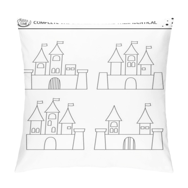 Personality  Black And White Find Differences, Logical And Drawing Game For Kids. Fairytale Educational Activity With Castles. Complete Picture Printable Worksheet. Magic Kingdom Puzzle Or Coloring Pag Pillow Covers