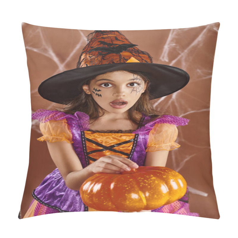 Personality  Amazed Girl In Witch Hat And Halloween Costume Standing With Pumpkin On Brown Backdrop, Cobwebs Pillow Covers