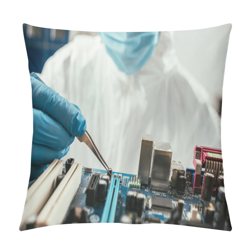 Personality  Cropped View Of Engineer Holding Tweezers Near Computer Motherboad Pillow Covers