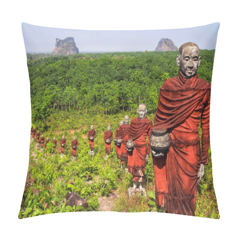 Personality  Statues Of Buddhist Monks In The Forest, Mawlamyine, Myanmar Pillow Covers