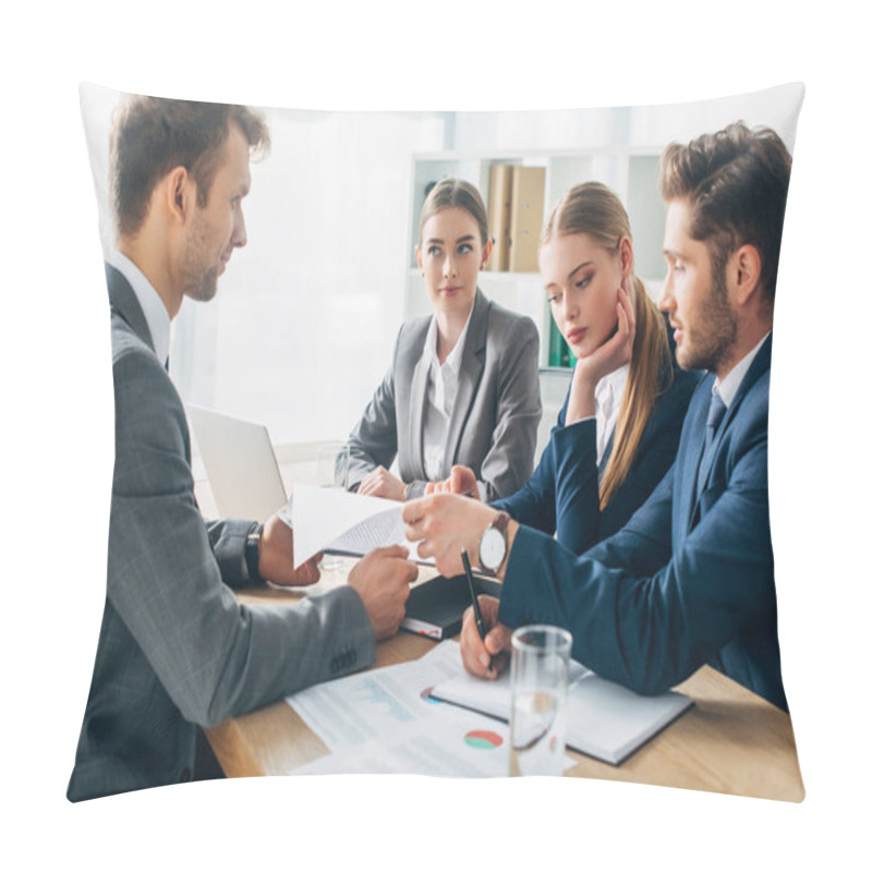 Personality  Selective Focus Of Employee With Resume During Job Interview With Recruiters In Office  Pillow Covers