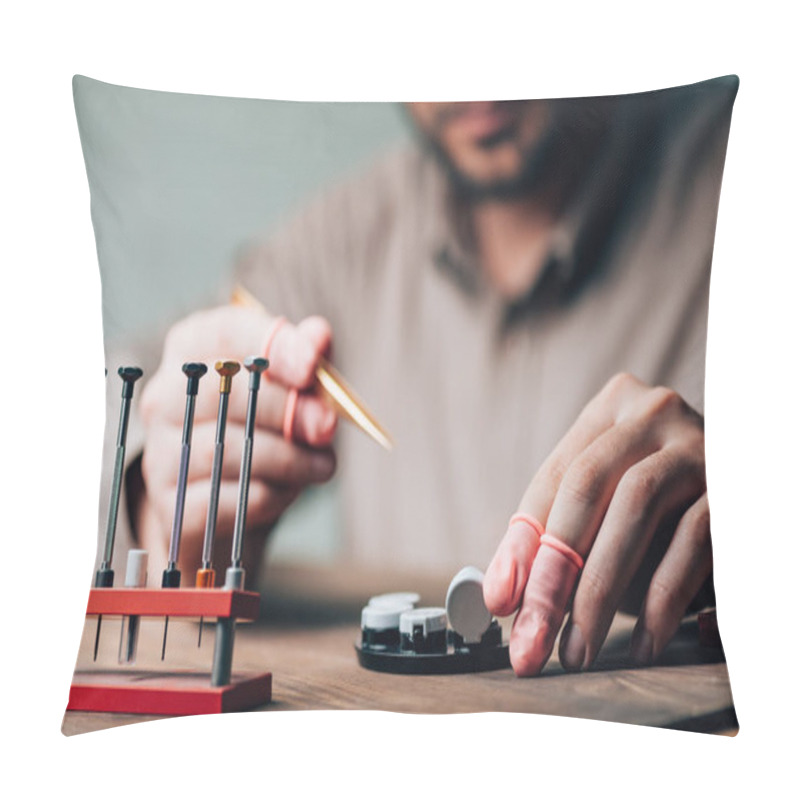 Personality  Cropped View Of Watchmaker Holding Tweezers By Tool Tray And Screwdrivers On Table Pillow Covers