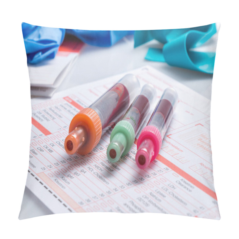 Personality  Blood Test, Blood Samples On A Laboratory Form Pillow Covers