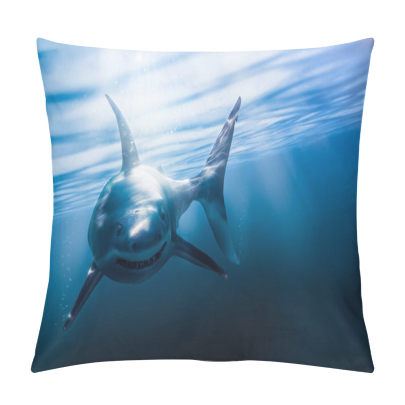 Personality  Great White Shark Swimming Underwater With Light Rays / 3d Rendering / Mixed Media Pillow Covers