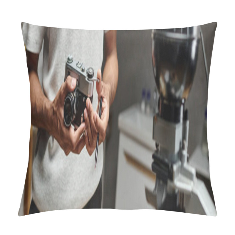 Personality  Cropped Banner Of Black Man Intently Holding An Analog Camera And Pen While Standing In A Photo Lab Pillow Covers