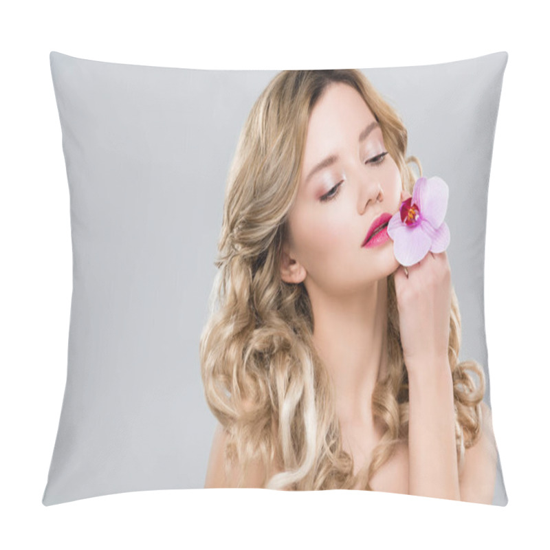 Personality  Young Gentle Woman Holding Purple Orchid Isolated On Grey Pillow Covers