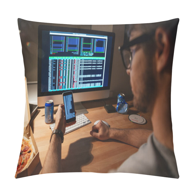 Personality  Serious Developer In Glasses Using Computer And Smartphone  Pillow Covers