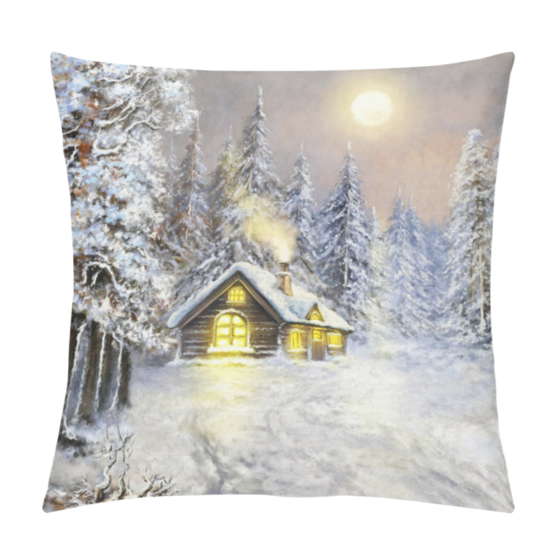 Personality  Oil Paintings Rural Landscape,  House In The Snow. Winter Sunset In Snowy Forest, Old House In The Forest. Fine Art Pillow Covers