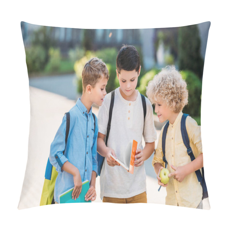 Personality  Group Of Adorable Schoolboys Looking At Notebook Together Pillow Covers