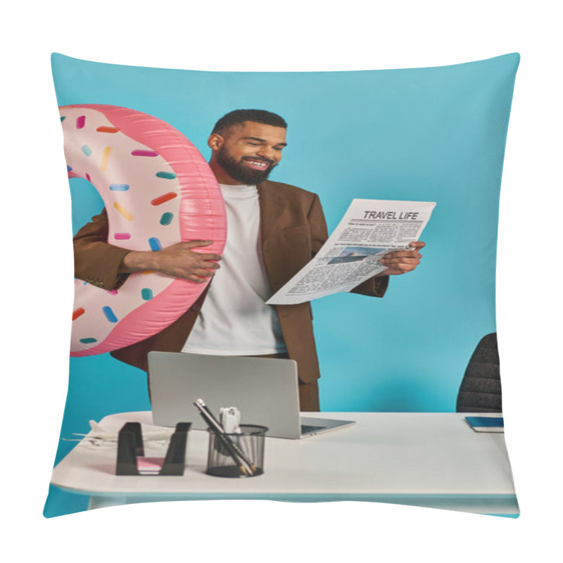 Personality  A Man Playfully Holds A Giant Donut In Front Of His Face, Giving The Illusion Of Wearing It Like A Mask. Pillow Covers