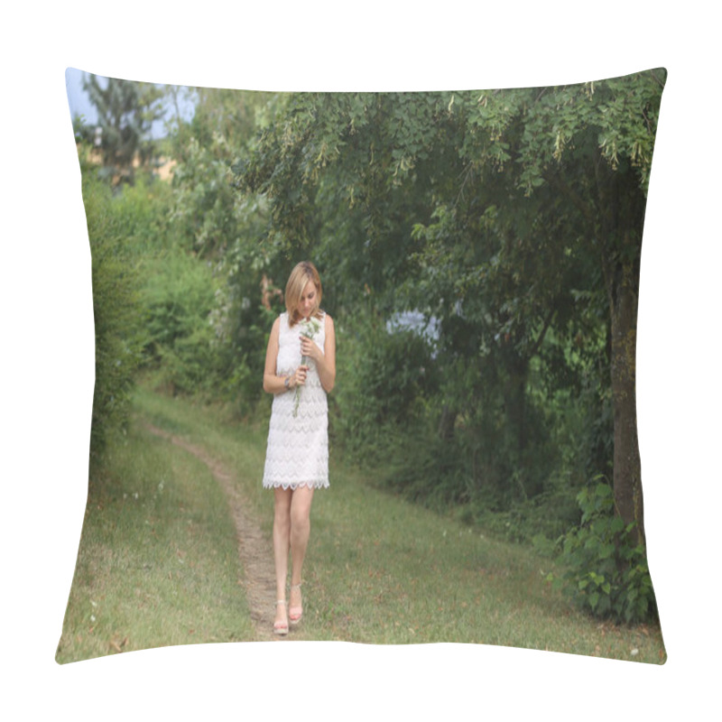 Personality  Portrait Of A Young Girl Collecting Flowers Pillow Covers